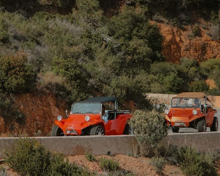 Two vintage orange cars parked on a roadside with a rocky hillside in the background. 1