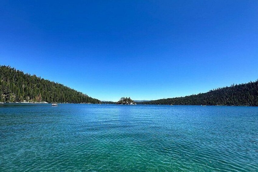 A calm lake surrounded by dense forest under a clear blue sky. 4