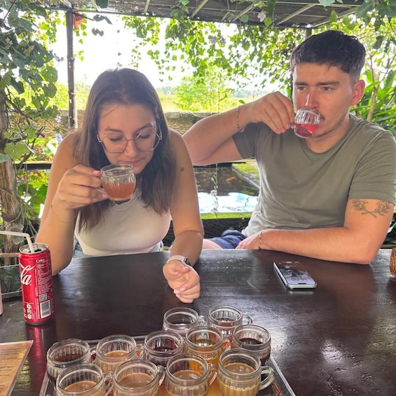 Two people sitting at a table with a variety of drinks and a Coca-Cola can. 4