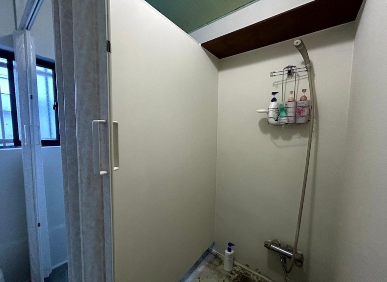 A small, enclosed shower area with a white door, a showerhead, and a shelf with toiletries. 5