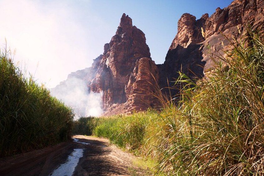 A narrow road flanked by tall grass and rocky cliffs. 2