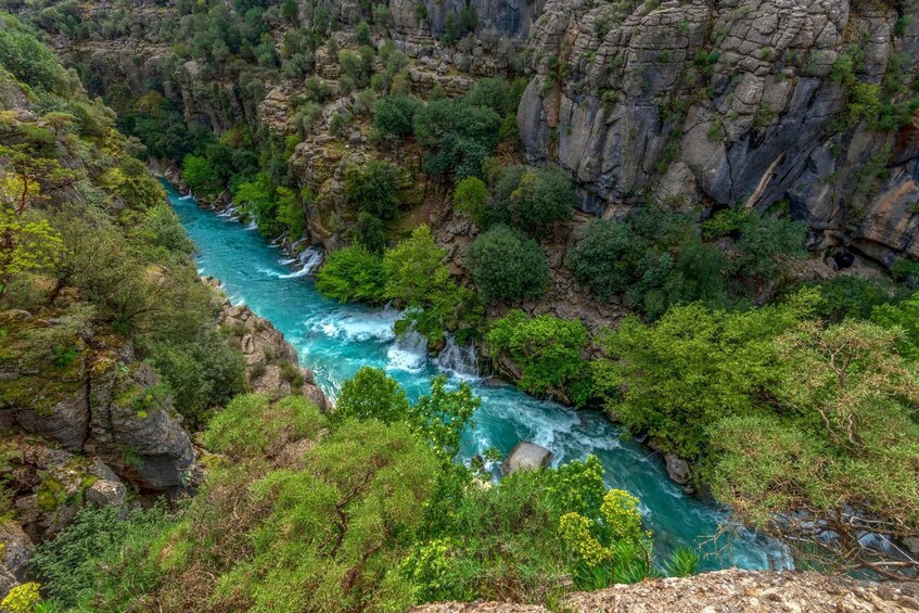 A river flowing through a canyon with rocky cliffs and dense green vegetation. 4