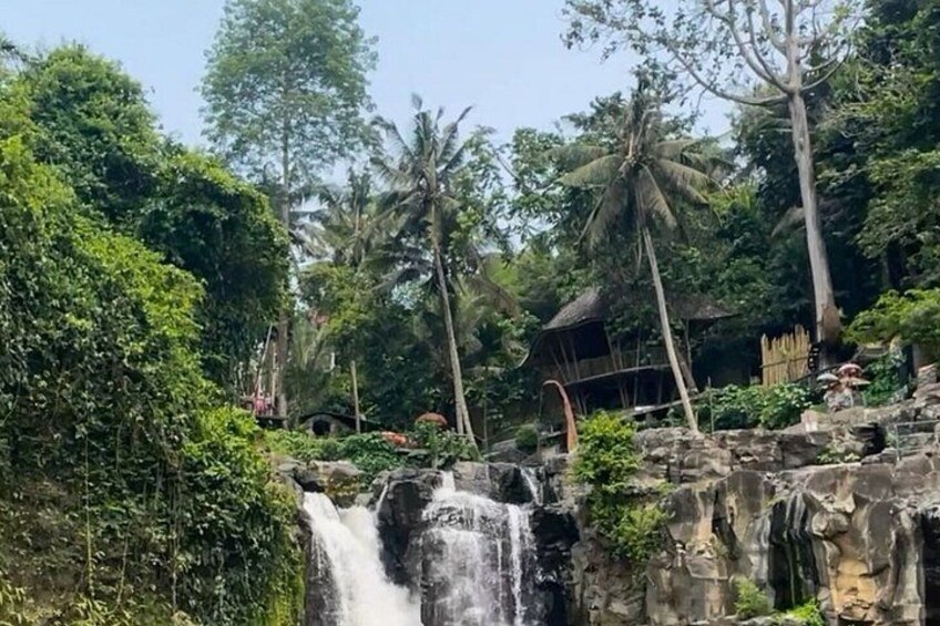 Una cascata circondata da vegetazione rigogliosa e una capanna tradizionale. 3