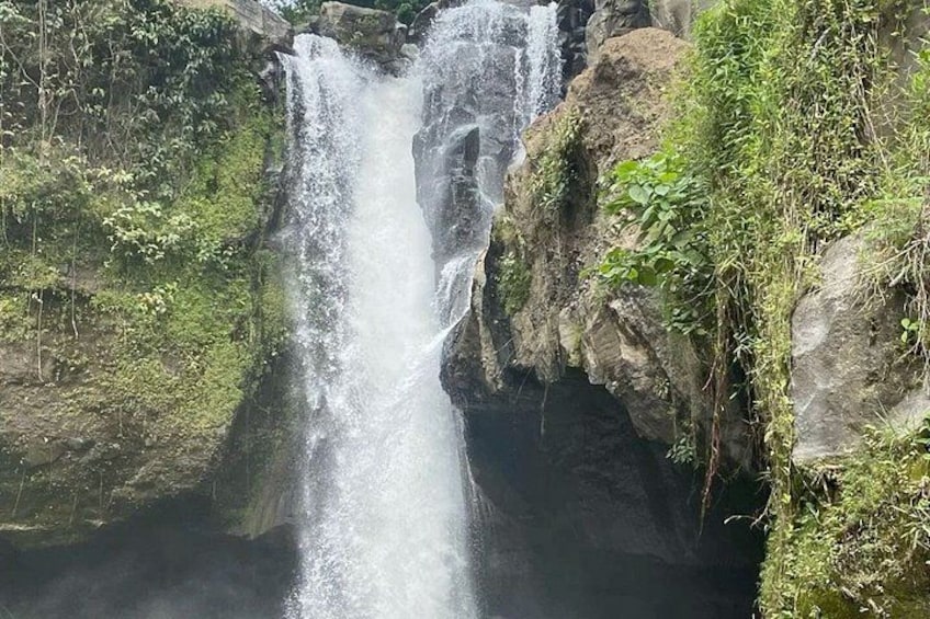 Una cascata che si getta da una scogliera rocciosa, circondata da vegetazione. 2