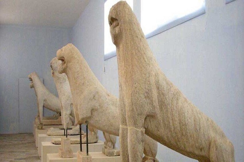 A series of stone lion statues in a museum. 3