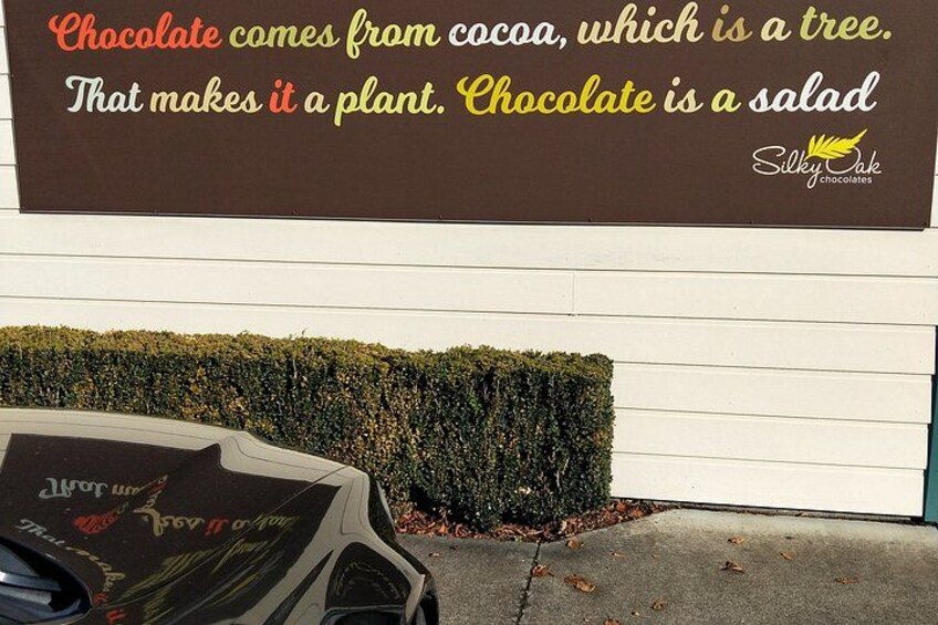 Ein Auto vor einem Gebäude, an dem steht: 'Schokolade kommt aus Kakao, welcher ein Baum ist. Das macht es zu einer Pflanze. Schokolade ist ein Salat.' 4