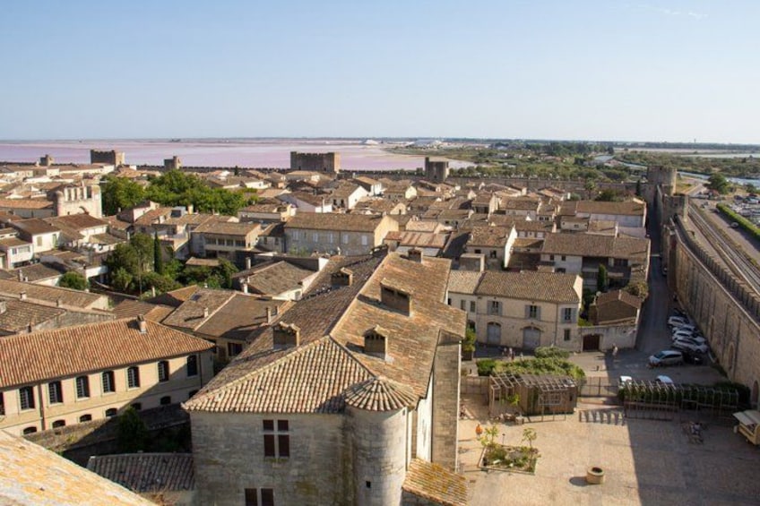 A town with historic buildings, a river, and a fortified wall. 3