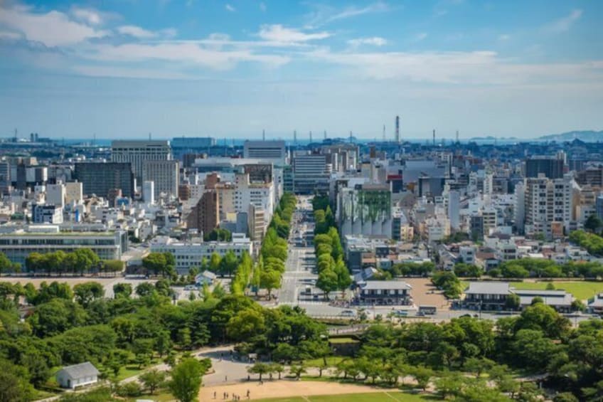 Paesaggio urbano con un'ampia viale alberato, circondato da edifici moderni e una vista lontana sullo skyline della città. 4