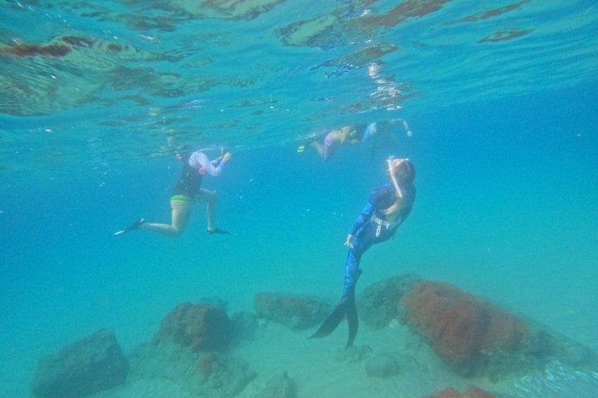 Two people scuba diving underwater with rocks and coral formations. 3