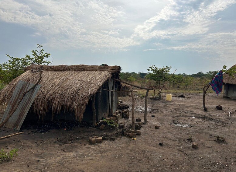 A rural scene with a thatched-roof hut, a dirt ground, scattered bricks, and a tree with a cloth. 2