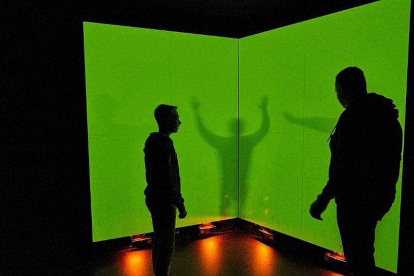Two people standing in front of a green-lit wall with their silhouettes projected. 3