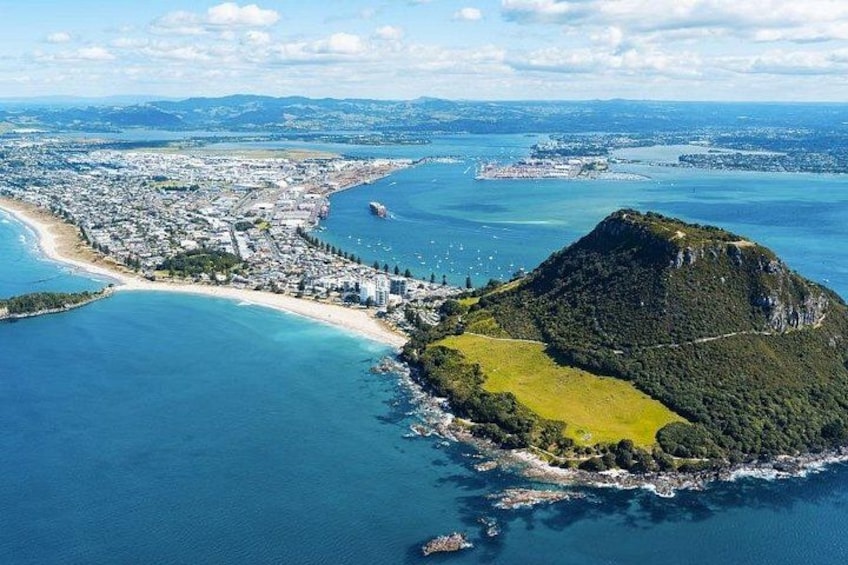 An aerial view of a coastal city with a prominent hill, a beach, and a bay. 1