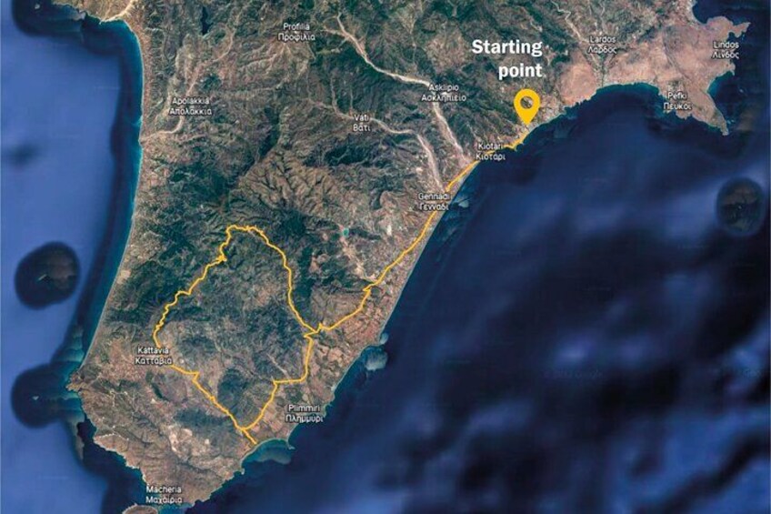 A satellite view of a coastal region with marked starting point, a yellow route, and several labeled locations. 3