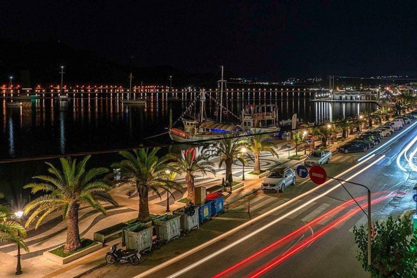 A nighttime coastal road with a marina, palm trees, and parked vehicles. 3