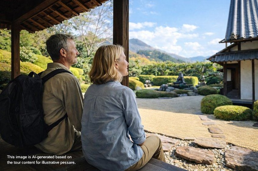 A couple sitting on a stone bench overlooking a traditional Japanese garden with a wooden structure and well-manicured bushes. 1