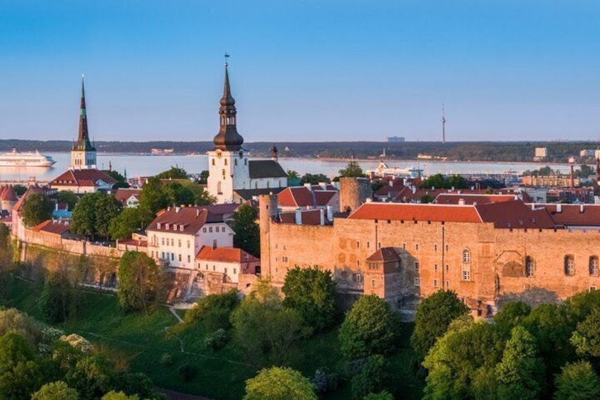 A historic town with a prominent church, a castle, and a river. 5