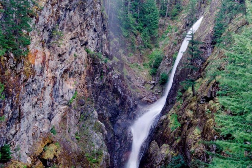 Ein Wasserfall stürzt über eine felsige Klippe hinab, umgeben von dichtem Wald. 2