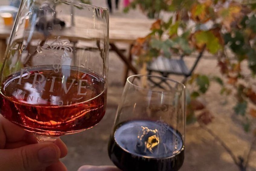 A person holding two wine glasses, one with red wine and the other with white wine, outdoors. 1