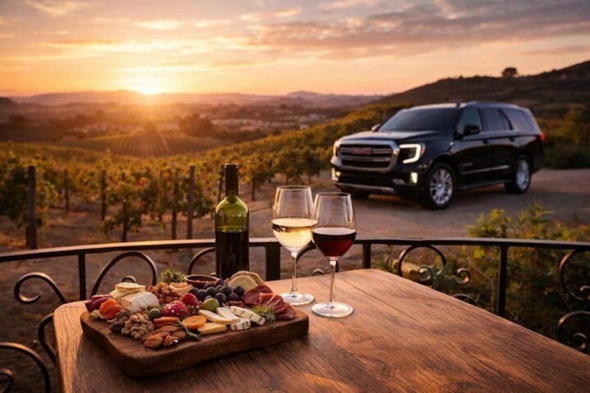 Une table en bois, sur laquelle sont disposés un plateau de charcuterie, des verres à vin et une bouteille de vin, le tout placé devant un vignoble, avec une voiture et un coucher de soleil en arrière-plan. 3