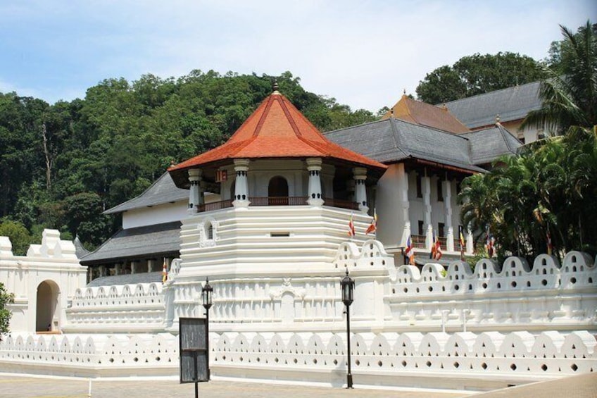 Un temple blanc, surmonté d’un toit rouge, entouré d’une clôture blanche et de palmiers. 1