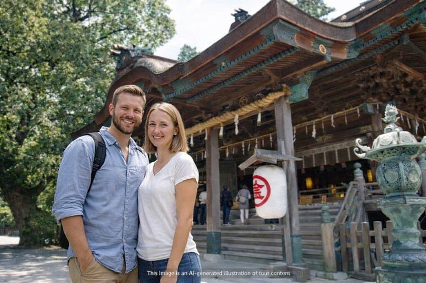 A couple standing in front of a traditional Japanese building with a sign indicating no photography. 1