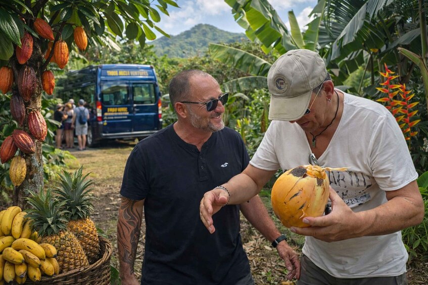 Two men in a tropical setting with a bus and a pile of bananas and pineapples. 4