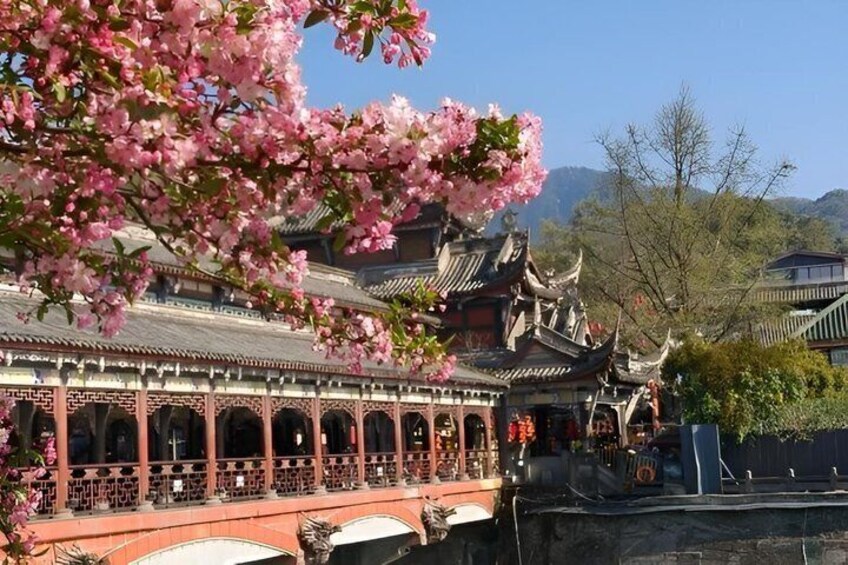 A traditional Chinese building with ornate architecture, a cherry blossom tree in bloom, and a clear blue sky. 2