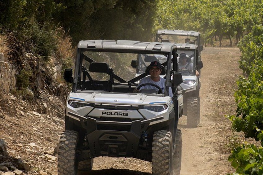 A Polaris off-road vehicle on a dirt path surrounded by greenery. 2