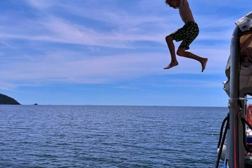 A person jumping into the ocean from a boat. 4