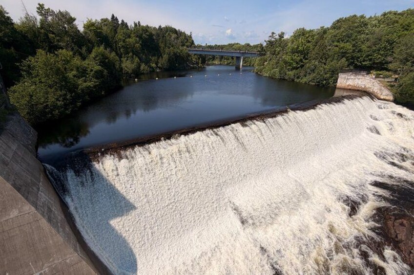 A dam releasing water, a bridge, and dense greenery. 5