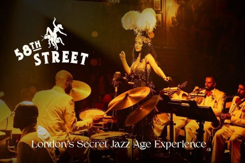 A jazz band performing on stage with a woman in a feathered headpiece. 1