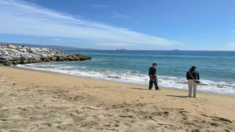 A beach with people standing by the water, a rocky breakwater, and ships in the distance. 2