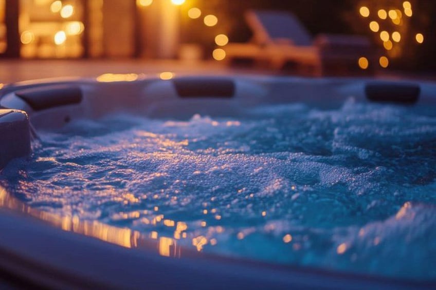 Jacuzzi con chorros de agua en funcionamiento, rodeado de una zona de piscina con tumbonas e iluminación ambiental. 2