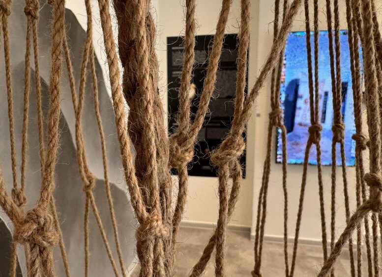 A close-up of thick, twisted ropes hanging in an indoor setting. 3