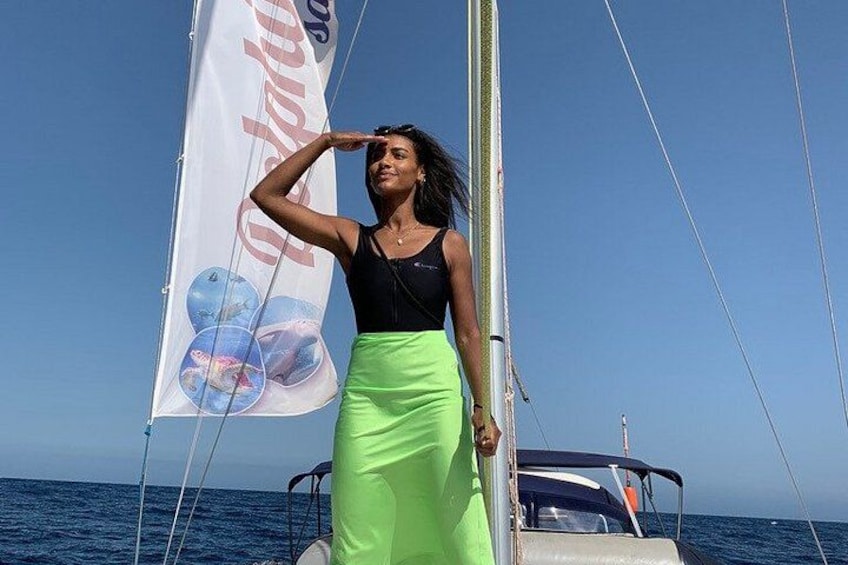 A person on a sailboat with a flag featuring a whale and a blue background. 2