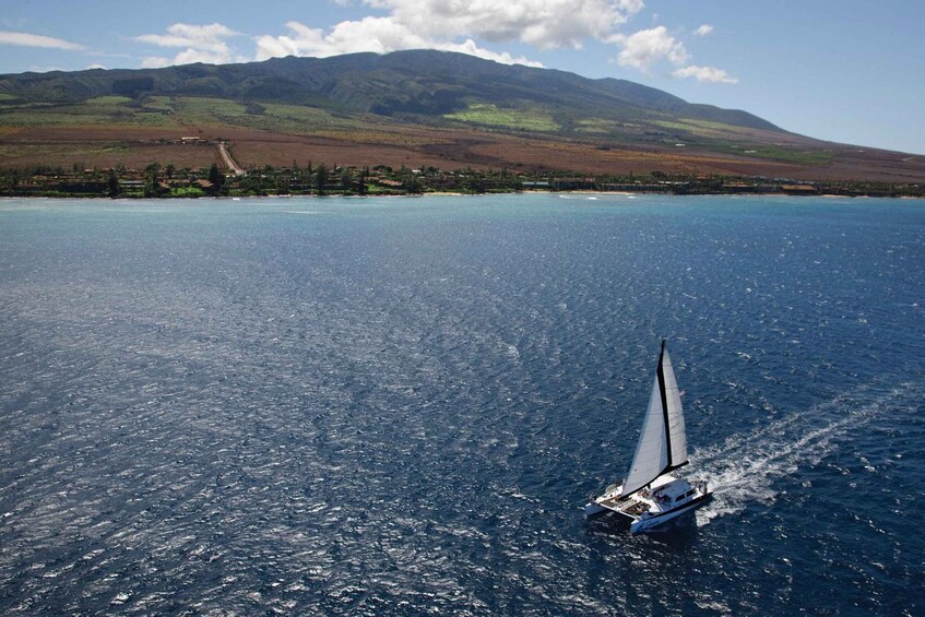 A sailboat on a calm sea with a mountainous landscape in the background. 4