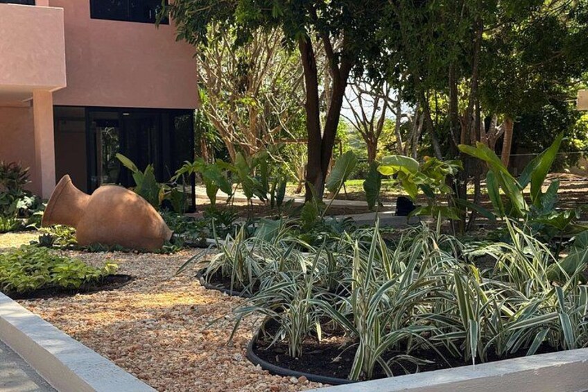 A landscaped garden with a large clay pot, various plants, and a building in the background. 4