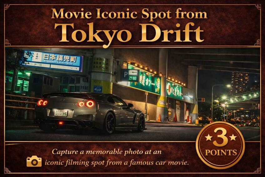A car at a famous Tokyo Drift filming location with neon signs and a bridge in the background. 5