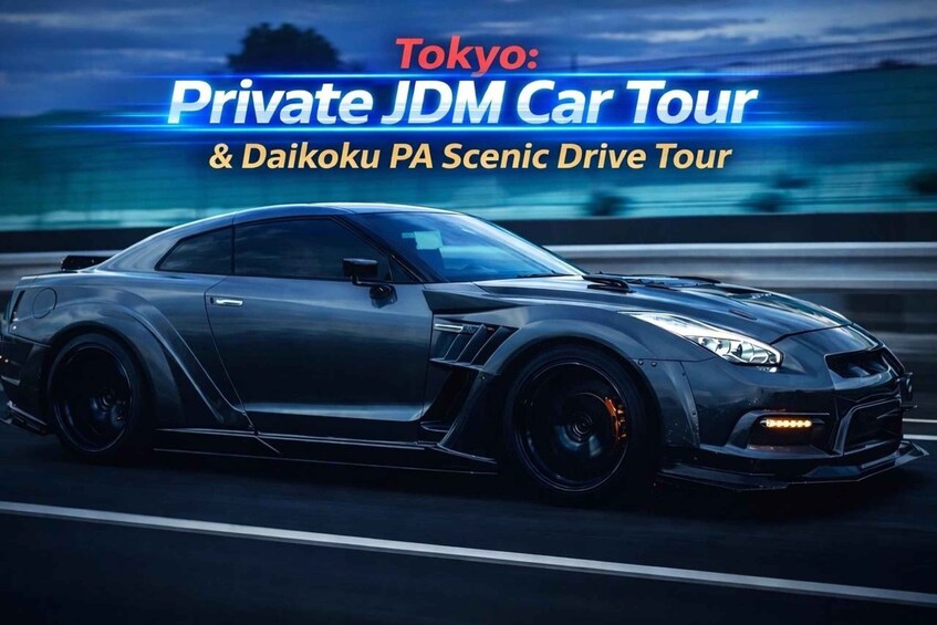 A dark-colored sports car driving on a highway at dusk. 1