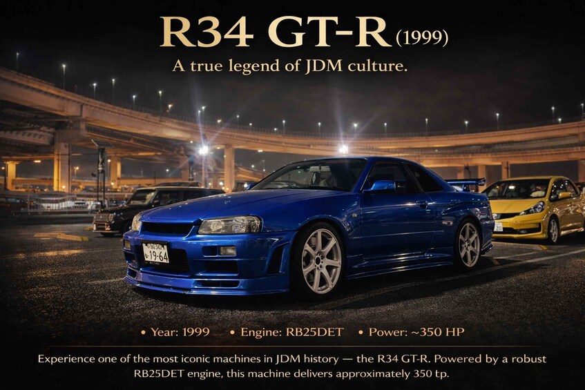 A blue R34 GT-R (1999) parked at night with an overpass in the background. 3