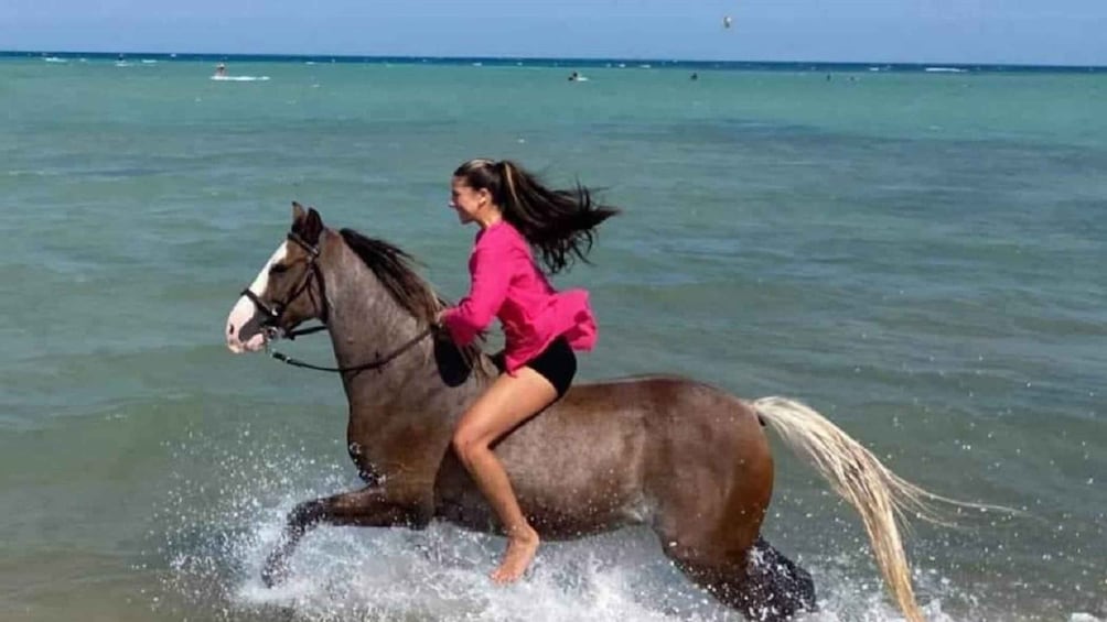 A person riding a horse through shallow water. 4