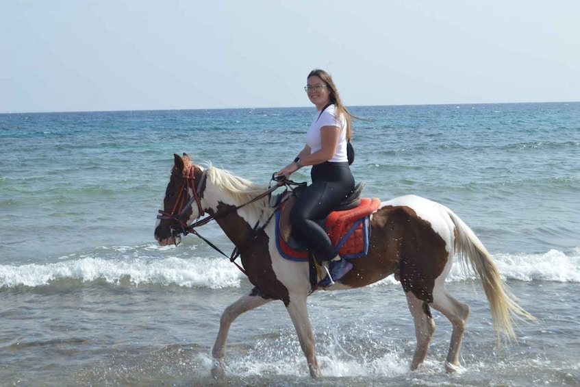 A person riding a horse along a beach with waves. 2