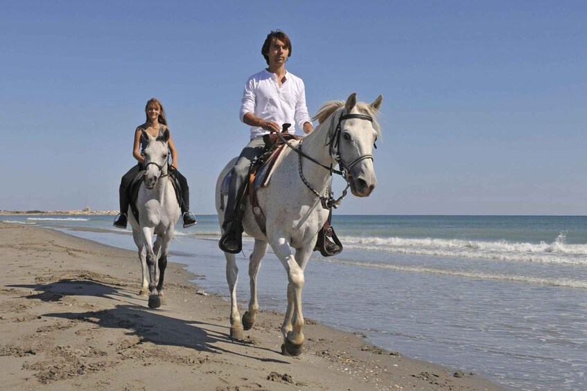 Two people riding horses along a beach with the ocean in the background. 5