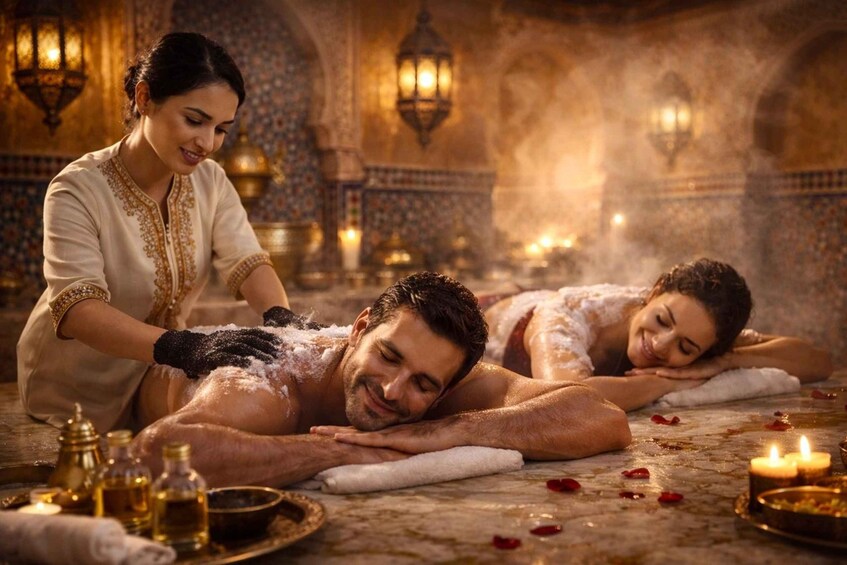 A traditional spa setting with a person receiving a massage, surrounded by candles and decorative elements. 1