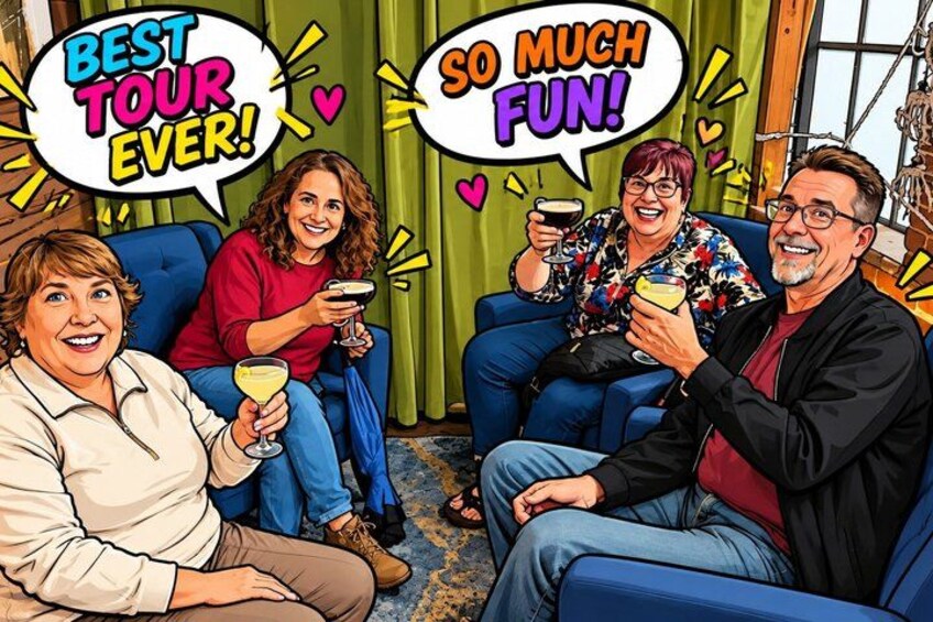 Four people sitting on a blue couch with drinks, surrounded by a green curtain and a window. 3