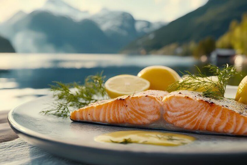 En tallrik med tillagad lax, garnerad med citronskivor och dill, placerad framför en vacker sjö och ett bergigt landskap. 1