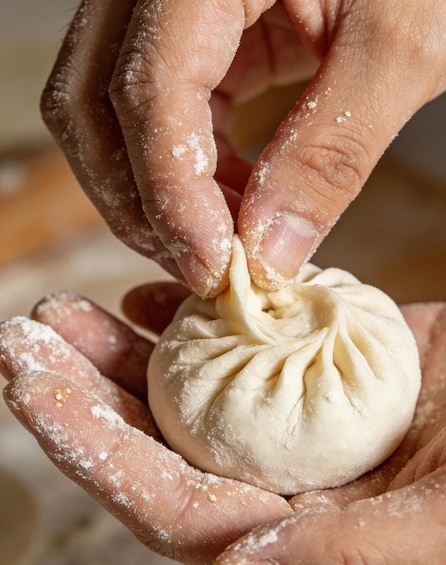 Hands shaping a dough into a bun, dusted with flour. 3