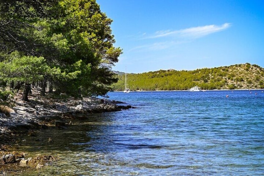 Ein klarer See mit Booten, einer felsigen Uferlinie und Bäumen. 4