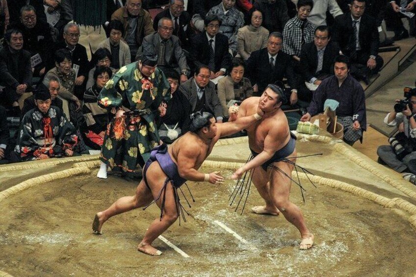 Dos luchadores de sumo en un ring, rodeados de público. 2