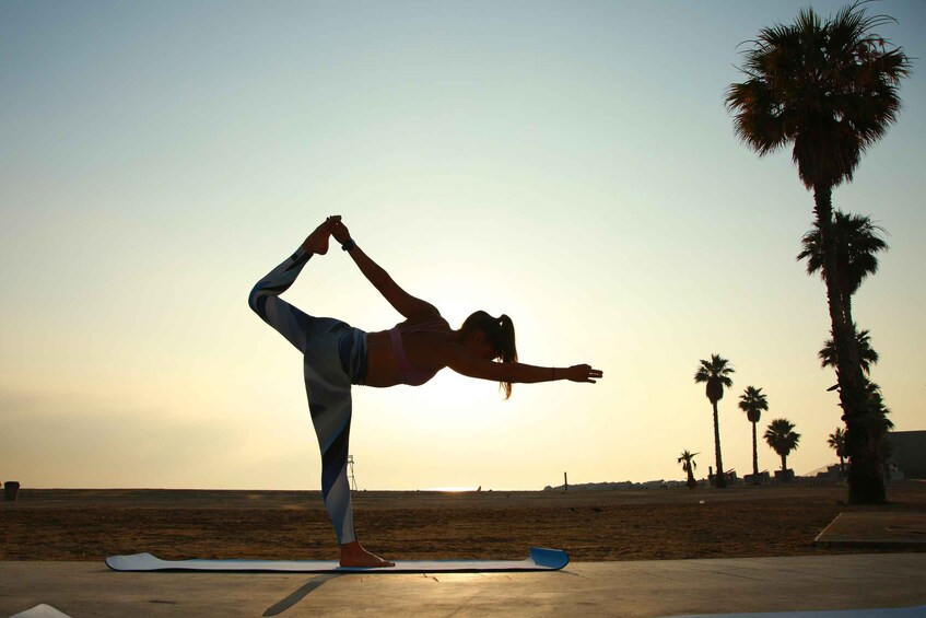 A person performing a yoga pose on a mat with palm trees in the background. 1